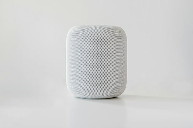 A photo of a person using the smart speaker to perform various tasks.